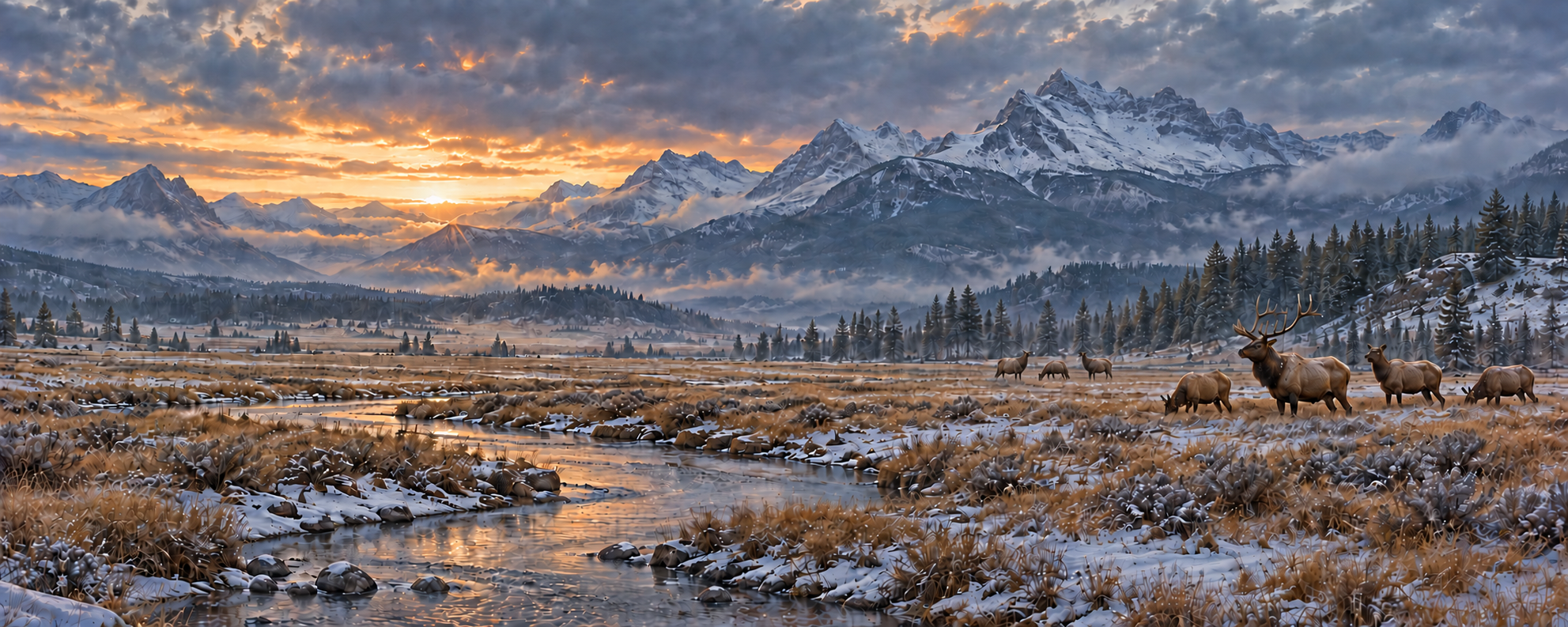 Concept artwork of elk in a snow-dusted river valley beneath distant mountains